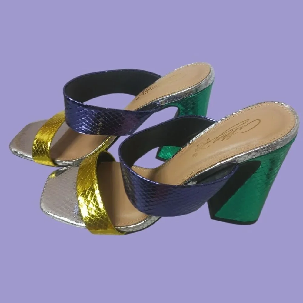 Cathy Din Faux Snake Skin Print Sandals Womens Metallics Purple Gold  Sz 6.5